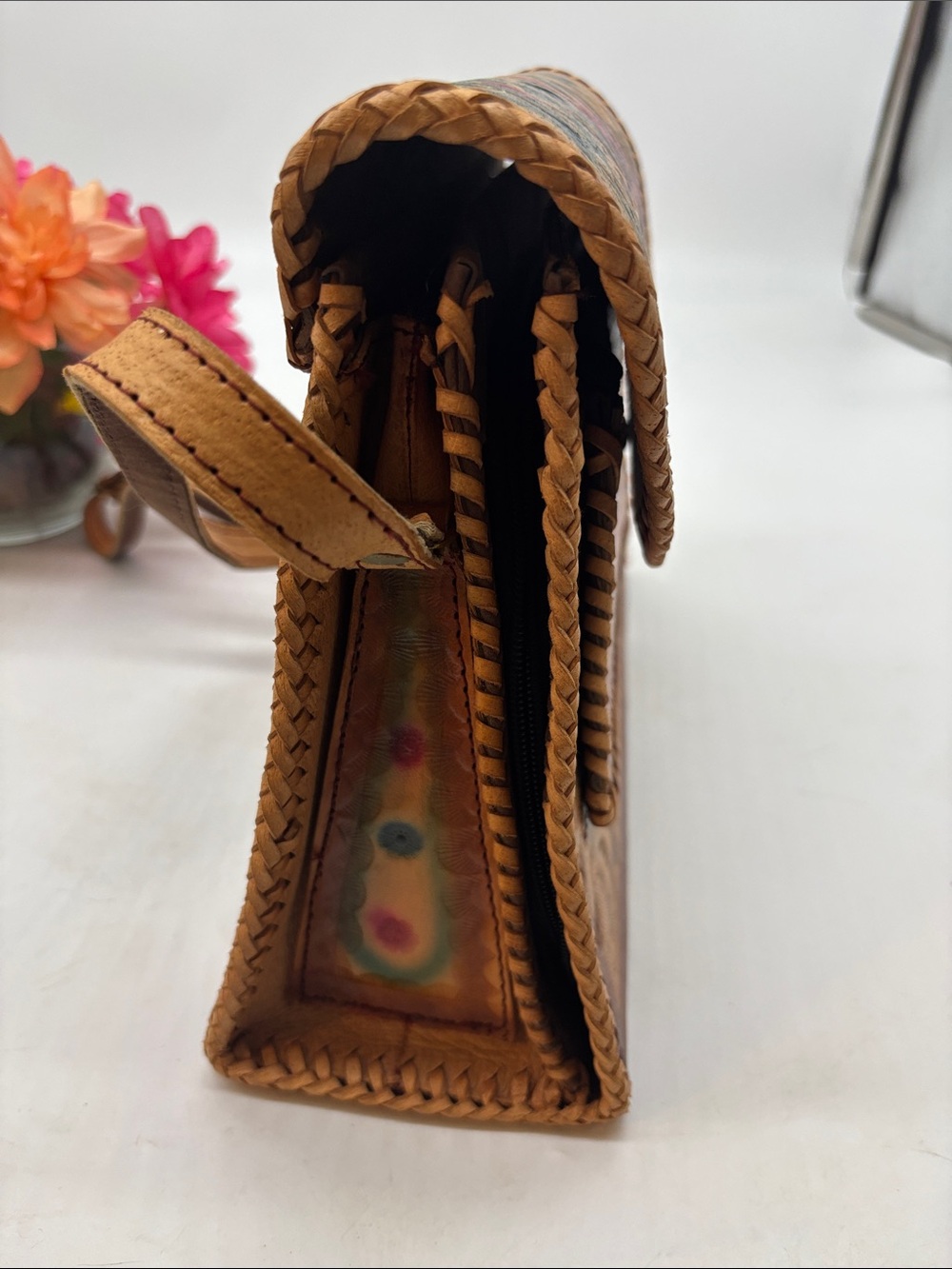 Vintage Mexican Hand-Tooled Floral Leather Crossbody Bag - Tan Multicolor Floral - Picture 4 of 14